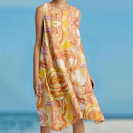 Casual Dresses Sunflower Female Summer Elastic Outfits Beach Dress Plus Size Cotton Linen Vestidos Para Mujer Elegantes Y Bonitos