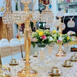 Party Decoration 4pcs To12pcs 60cm/90cm)Gold Crystal Candlestick 5 Arms Candelabra Tealight Candle Holder Wedding Table Centrepieces 133