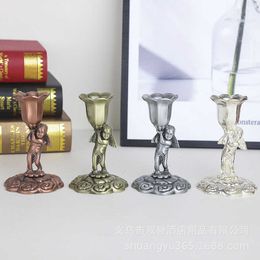 Candle Holders Shuangyu single head European style angel candle holder hotel home KTV supplies ornaments metal products H240517