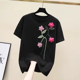 Women's T Shirts French Three-dimensional Flower Cotton T-shirt 2024 Summer Korean Fashion O-Neck Short Sleeve Causal Loose Tops Tees