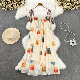 Casual Dresses Summer French Style Retro Temperament Loose Printed Suspender Skirt Frock Dising Girls Women Female Dress Womens