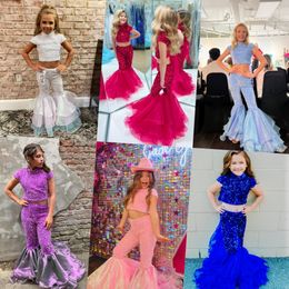 Two Pieces Girl Pageant Dress 2023 Sequin Velvet Pants Organza Bell Bottoms Little Kid Birthday Cap Sleeves High Neck Formal Party Wear 187B