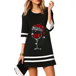 Casual Dresses Mini Dress Christmas Tree Elk Wine Cup Pattern Streetwear For Autumn Women's O-neck 3/4 Sleeve Pullover