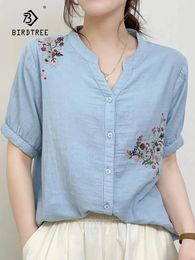 Women's Blouses Spring Cotton Linen Embroidery Shirt Women Stand Short Sleeve Literature Top Girl Loose Commute 2024 Autumn T44760QC