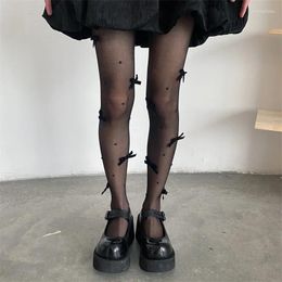 Women Socks Japanese Lolita Pantyhose Pearl Bow Embellished Elastic High Waist Mesh See-Through Thin Stockings Stretchy Tights Leggings