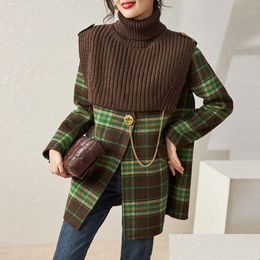 Womens Wool Blends 0C694M31 Autumn And Winter Coat Vintage Plaid Double-Sided Woollen Outerwear Knitted Sleeve Two-Piece Set Drop De Dhqe7