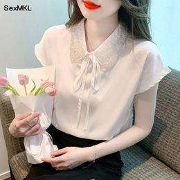 Women's Blouses Summer White Chiffon Women 2024 Fashion Short Sleeve Office Ladies Shirts Bow Elegant Korean Style Black Y2k Tops Mujer