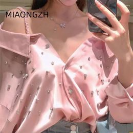 Women's Polos Womens Tops And Dlouses Luxury Clothing Tunic Tube Top Elegant For Women Pink Set With Diamonds Long Sleeve Off Shoulder