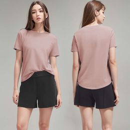 LU 정렬 티셔츠 여성 여름 티 여자 Fiess 단락 티셔츠 통기성 라운드 목이 요가 스포츠 셔츠와 함께 스웨트 셔츠
