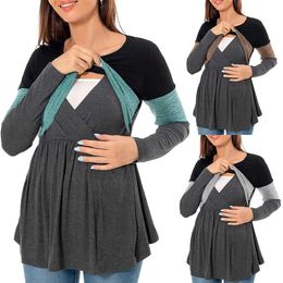 Maternity Tops Tees Maternity Nursing T Shirt Pregnant Womens Long Sleeve Patchwork Nursed Tops Blouse For Breastfeeding Pregnancy Clothes Pullover Y240518