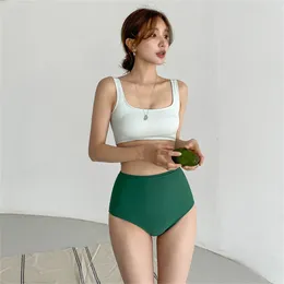 Women's Swimwear Sexy High Waist Bikini Women Solid White Cut Out Swimsuit Biquini Crop Top Pleated Tummy Control Bathing Suit Pad Korea