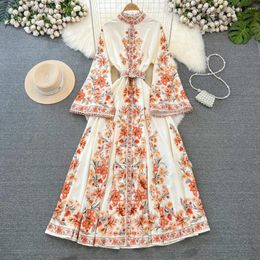 Casual Dresses Vintage Print Elegant Flare Long Sleeve Stand Collar A-line Single Breasted Dress Women Fashion Autumn Spring