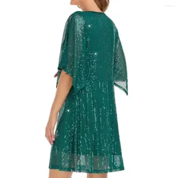 Casual Dresses Women Prom Dress Evening Shimmering Sequin Double-layered Mini For Elegant Club Party Attire With Bat Sleeve