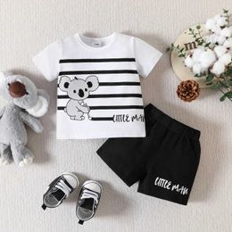 Clothing Sets PatPatPat 2-piece Baby Boys 95% Cotton Bear and Stripe Printed Short Sleeve Tee and Letter Printed Short Sleeve Set Soft and Comfortable J240518