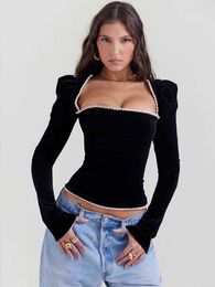 Women's T-Shirt Mozision Square Collar Backless Bandage Sexy T-shirt Women Autumn Winter New Black Shoulder Pad Slve Skinny Sexy Party Tops T240518