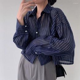 Women's Blouses Stripe Long Sleeve Short Shirt Woman Office Ladies Button Up Summer Korean Fashion Loose Casual Chic Aesthetic