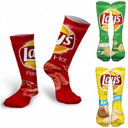 Women Socks 35-40CM 3D Double-sided Printing Cotton Food Potato Chips Harajuku Funny Men Art Design Novelty Kawaii