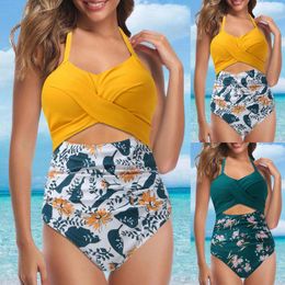 Women's Swimwear Women Floral Print Monokini Wrapped Knot Conservative Halter High Waist Cut Out Swimsuit Crisscross Backless Beachwear