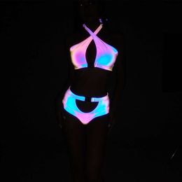 Womens Swimwear Sexy Hollow Dazzling Reflective Bikini Swimsuit Colorful Glow-in-The-Dark Split Halter Swimsuit ggitys TGJL