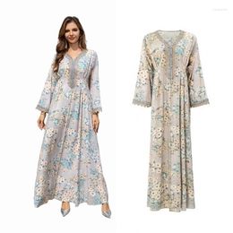 Ethnic Clothing Women V-neck Floral Printed Abaya Kaftan Muslim Dubai Dress Cocktail Party Gown Female Vestidos M-2XL