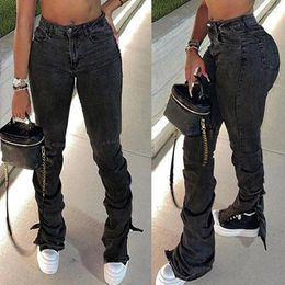 Women's Jeans Women Skinny High Waist Boot-cut Dark Grey Fashion Ruched Split Flare Lady Vintage Distressed Denim Pants Streetwear