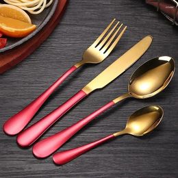 Dinnerware Sets Set Cutlery 18/10 Gold Knifes Steel Painted Mirror 4pcs Luncher Forks Spoons Stainless Dinner Red Tableware
