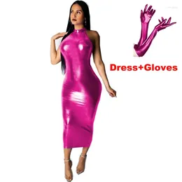 Casual Dresses Women 7XL Plus Size Sleeveless Dress Sexy High Neck Glossy Faux Leather Bodycon Back Zipper Long Vestidos Novelty Clubwear