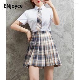 Work Dresses Women Professional Slim White Shirt And Cheque Pleated Skirt Summer Short Sleeve Wears Two Pieces Sets Uniform Suits