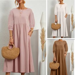 New Women's European and American Pure Color Fashion Lantern Sleeve Loose Cotton Linen Dress with Patch Pockets AST65598