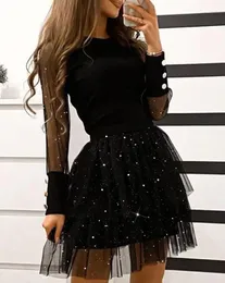 Casual Dresses Elegant Sexy A Line Dress For Women 2024 Spring Summer O-Neck Glitter Long Sleeve Layered Sheer Mesh Party Wedding Guest
