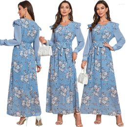 Ethnic Clothing Dubai Fashion Floral Print Abaya Muslim Women Chiffon Ruffle Long Sleeve Maxi Dress Casual Kaftan Islam Party Gown Belt