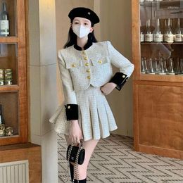 Work Dresses 2024 Autumn Winter Women Fashion 2 Piece Sets Stand Collar Short Jacket Coats Female Mini Pleated Skirts Ladies Suits U339