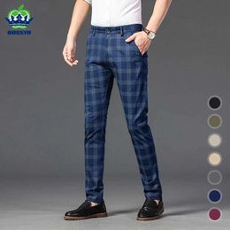Men's Pants OUSSYU Brand Mens Plaid Pants Casual Elastic Long Trousers Cotton Blue Skinny Business Work Pant for Male Classic Clothing Y240514
