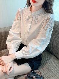 Women's Blouses Spring Fall Design Embroidery Hollow Out Long Sleeve White Shirt For Women Casual Lace Collar Beaded Cotton Blouse