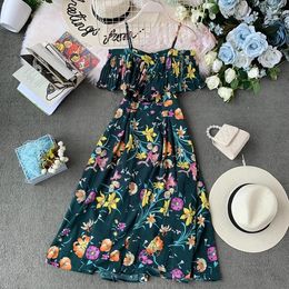 Casual Dresses Sandy Beach Summer Clothes For Women Fashion Ruffles Boho Printed Spaghetti Strap Dress Vestidos Ladies Slim A-line Chiffon