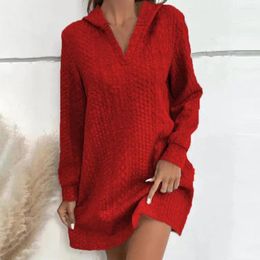 Casual Dresses Solid Colour Long-sleeve Dress Jacquard Design Cosy Hooded V-neck Women's With Applique Detailing Long For Fall