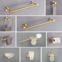 High Quality Wall Mounted Towel Bar Toilet Paper Holder Robe Towel Hooks Brushed Gold Brass Knurling Bathroom Accessories Kit 240516