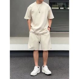 Summer Mens Suits Solid ONeck Shortsleeve Tshirt Shorts Two Piece Set Trendy Simple Loose Couple Casual Sportswear 240517