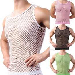 Fishnet Men Sexy Mesh Tank Tops Transparent Sleep Tops Male Underwear Pure Colour Vest Sleeveless Tops Underwear Male Undershirt 240510