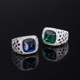 Bandringar Sapphire Appoaring Blue Diamond Leopard Big Sugar Tower Emerald Luxury Full Stone Ring for Man and Women