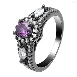 With Side Stones Wedding Jewellery Black Gun Plated Style Rings For Women Purple Crystal CZ Party Trendy Love Gift Ring