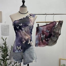 Women's Tanks Retro Niche One-Shoulder Camisole Tie Dye Butterfly Mesh Irregular Slim Cropped Top Summer Camis See Through Tees Y2k