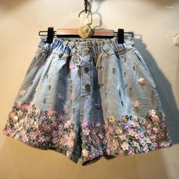 Women's Shorts Summer Women Pink 3D Flowers Sequins Embroidery High Waist Slim Wide Legs Beads Denim Elastic Short Jeans Pants