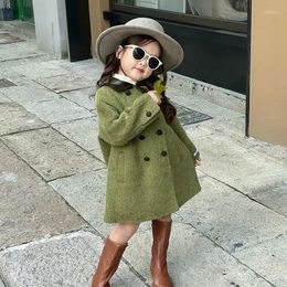 Jackets Girls Coat Top Korean Style Childrens Clothing Autumn And Winter Woolen 2024 Female Children Doll Collar Medium Long