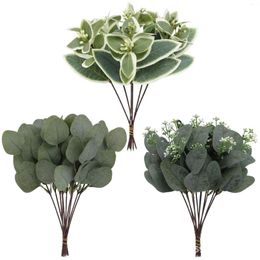 Decorative Flowers 6pcs Artificial Green Eucalyptus Stem White Plant For Family Wedding Vase Centrepiece Flower Arrangement