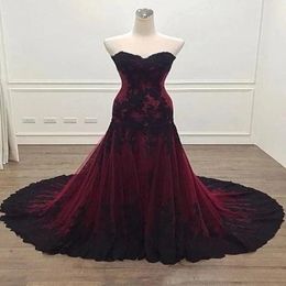 Vintage Black and Burgundy Red Gothic Wedding Dress Mermaid Sweetheart Lace Tulle Non White Victorian Bridal Gowns Bride Dress 331w
