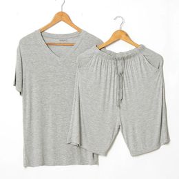 Summer Modal Pajama Sets Thin Short Sleeve T-shirt Shorts Sleepwear Mens Casual Set 2 Piece V-Neck Solid Color Home Clothing 240518