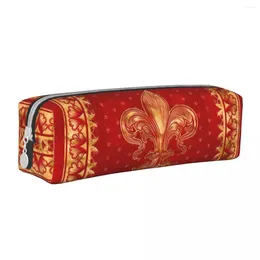 Fleur-de-lis Ornament Luxury Red Pencil Cases Cute Pen Bag Girl Boy Big Capacity School Supplies Gift Pencilcases