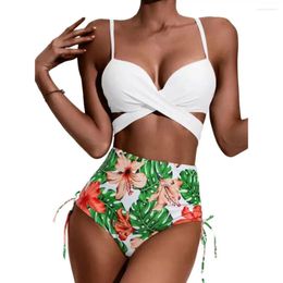 Women's Swimwear Women Three-piece Swimsuit Floral Print Bikini Set With High Waist Briefs Cross Sling Bra Cardigan Cover-up For Summer