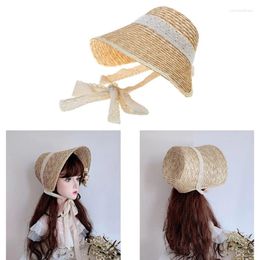 Berets LolitaStyle Straw Hat For Women Girls French Style Tea Lace Patchwork Bonnet Handwoven Sun Summer Headgear